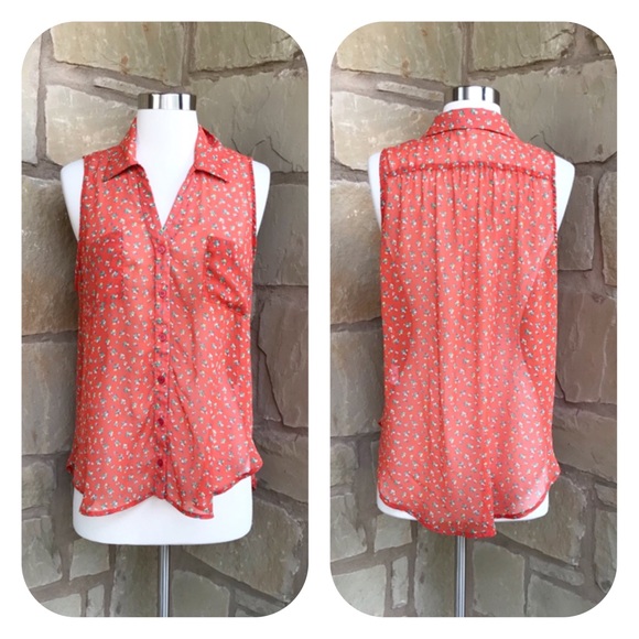 Lush Tops - Lush Orange Floral Spread Collar Pockets Sheer Top